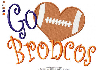 Go Broncos Football Heart – Fill Stitch – Machine Embroidery Design