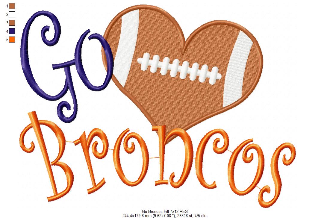 Go Broncos Football Heart – Fill Stitch – Machine Embroidery Design