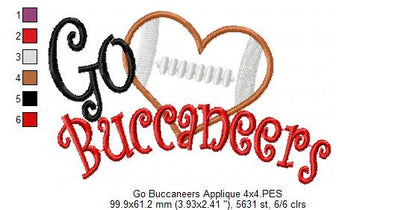 Go Buccaneers Football Heart – Appliqué – Machine Embroidery Design
