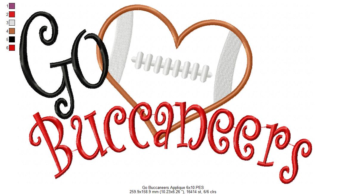 Go Buccaneers Football Heart – Appliqué – Machine Embroidery Design