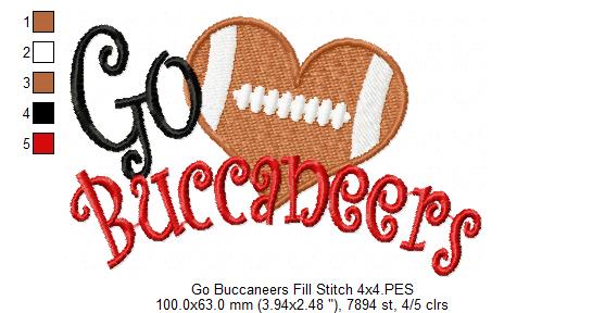 Go Buccaneers Football Heart – Fill Stitch – Machine Embroidery Design