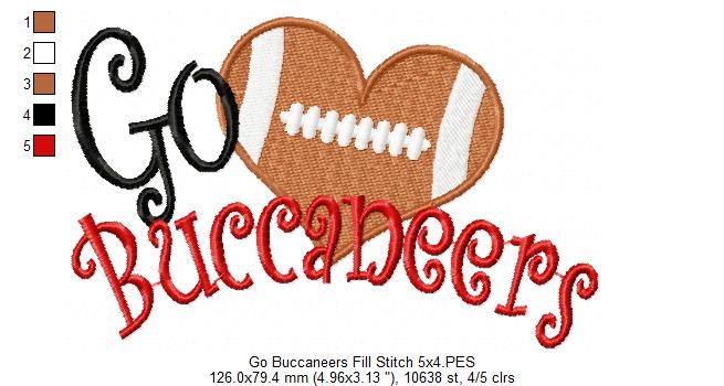 Go Buccaneers Football Heart – Fill Stitch – Machine Embroidery Design