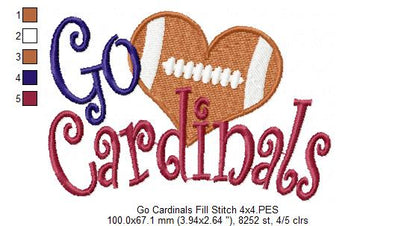 Go Cardinals Football Heart – Fill Stitch – Machine Embroidery Design