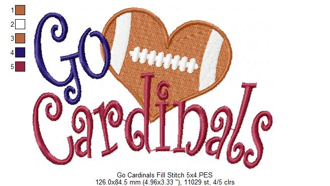 Go Cardinals Football Heart – Fill Stitch – Machine Embroidery Design