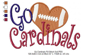 Go Cardinals Football Heart – Fill Stitch – Machine Embroidery Design