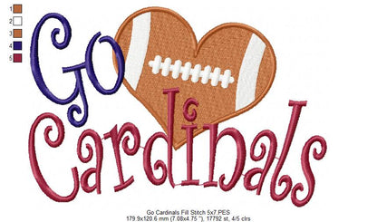 Go Cardinals Football Heart – Fill Stitch – Machine Embroidery Design