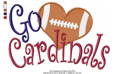 Go Cardinals Football Heart – Fill Stitch – Machine Embroidery Design