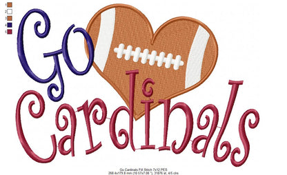Go Cardinals Football Heart – Fill Stitch – Machine Embroidery Design