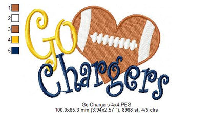 Go Chargers Football Heart – Fill Stitch – Machine Embroidery Design
