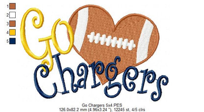 Go Chargers Football Heart – Fill Stitch – Machine Embroidery Design