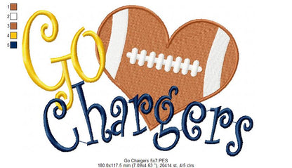 Go Chargers Football Heart – Fill Stitch – Machine Embroidery Design