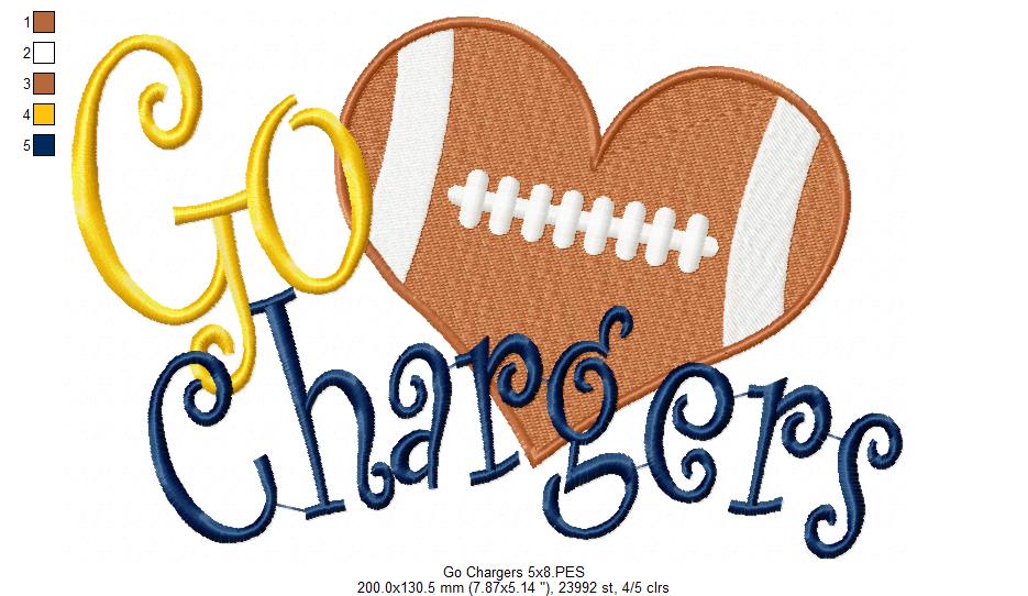 Go Chargers Football Heart – Fill Stitch – Machine Embroidery Design