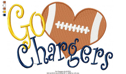 Go Chargers Football Heart – Fill Stitch – Machine Embroidery Design