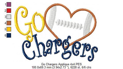 Go Chargers Football Heart – Machine Embroidery Design