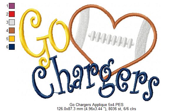 Go Chargers Football Heart – Machine Embroidery Design