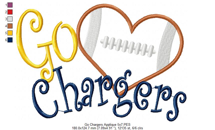 Go Chargers Football Heart – Machine Embroidery Design