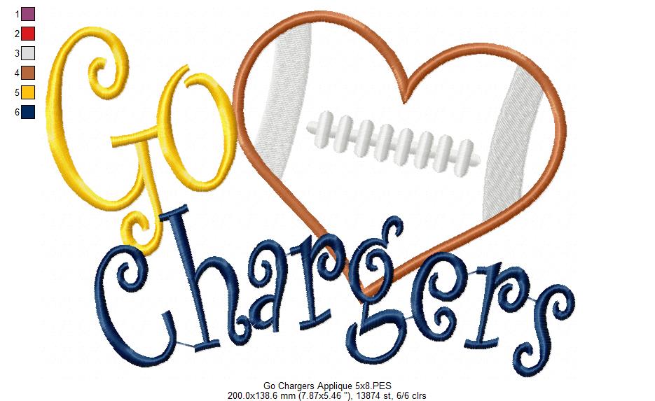 Go Chargers Football Heart – Machine Embroidery Design