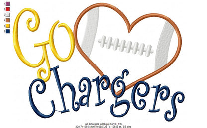 Go Chargers Football Heart – Machine Embroidery Design