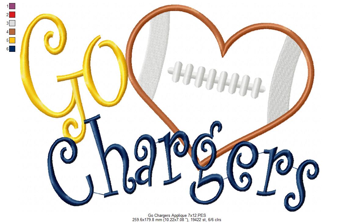 Go Chargers Football Heart – Machine Embroidery Design