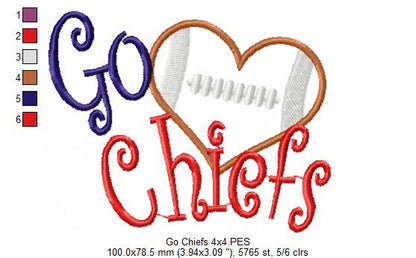 Go Chiefs Football Heart – Appliqué – Machine Embroidery Design