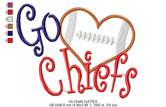Go Chiefs Football Heart – Appliqué – Machine Embroidery Design