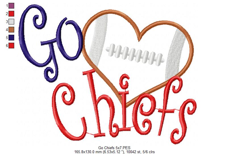 Go Chiefs Football Heart – Appliqué – Machine Embroidery Design