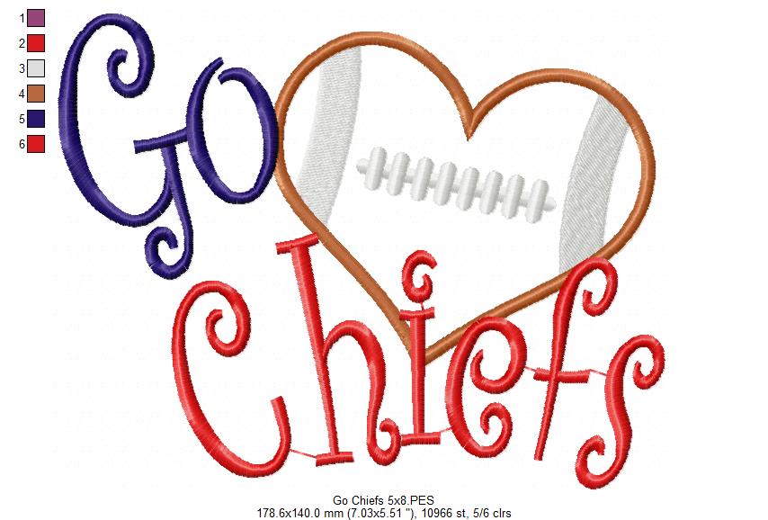 Go Chiefs Football Heart – Appliqué – Machine Embroidery Design
