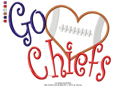 Go Chiefs Football Heart – Appliqué – Machine Embroidery Design