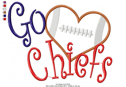 Go Chiefs Football Heart – Appliqué – Machine Embroidery Design