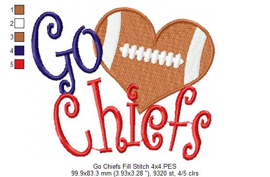 Go Chiefs Football Heart – Fill Stitch – Machine Embroidery Design