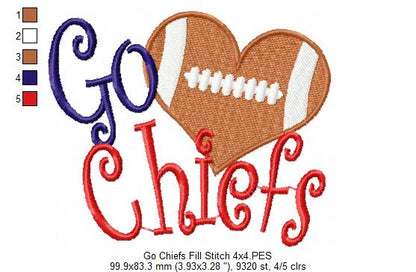 Go Chiefs Football Heart – Fill Stitch – Machine Embroidery Design