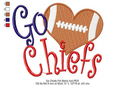 Go Chiefs Football Heart – Fill Stitch – Machine Embroidery Design