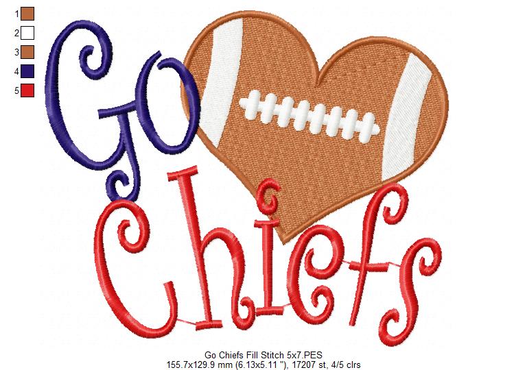 Go Chiefs Football Heart – Fill Stitch – Machine Embroidery Design