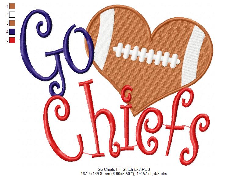 Go Chiefs Football Heart – Fill Stitch – Machine Embroidery Design
