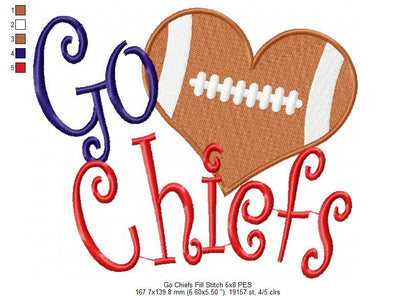 Go Chiefs Football Heart – Fill Stitch – Machine Embroidery Design