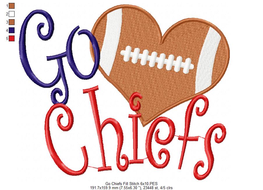 Go Chiefs Football Heart – Fill Stitch – Machine Embroidery Design