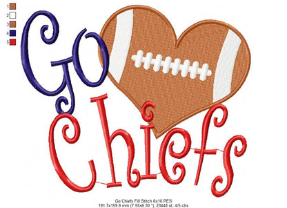 Go Chiefs Football Heart – Fill Stitch – Machine Embroidery Design