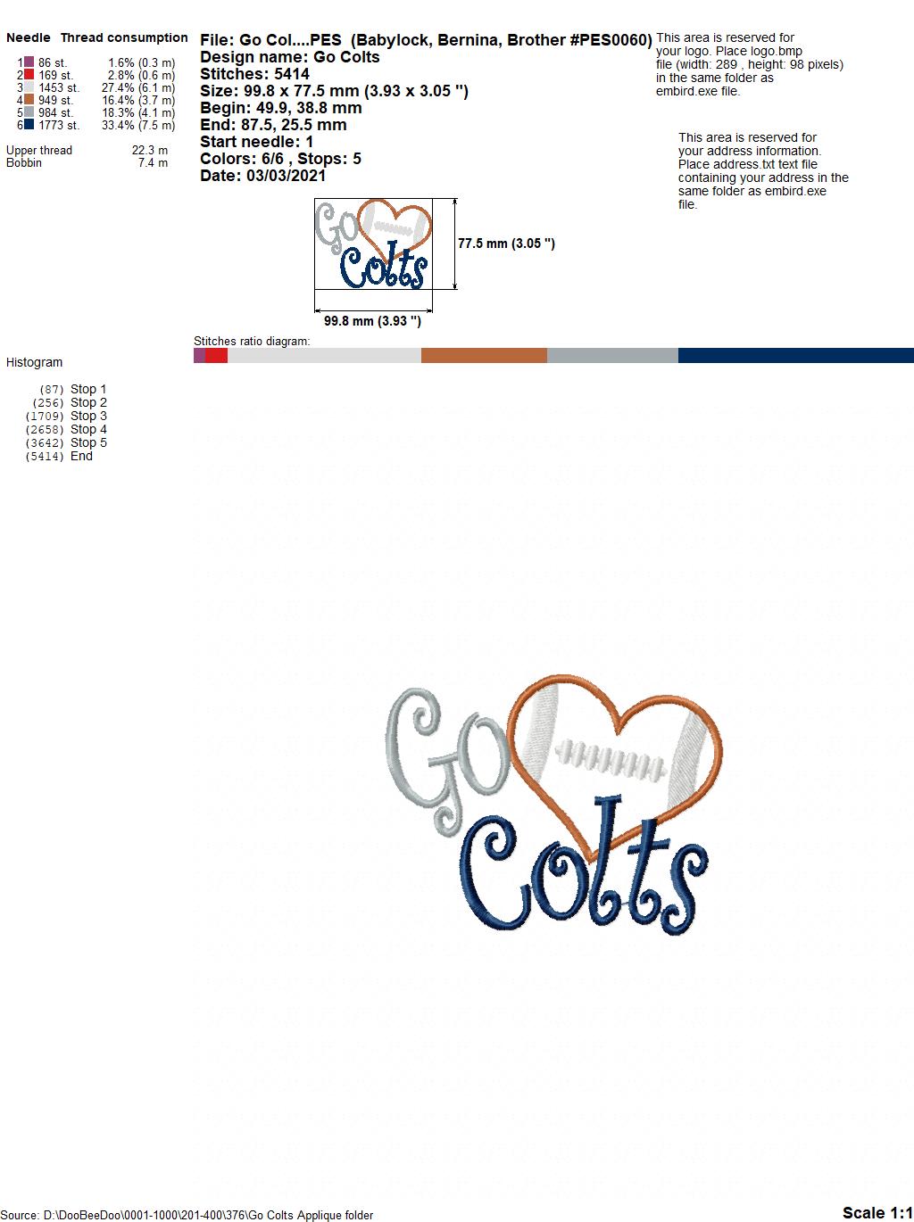 Go Colts - Appliqué – Machine Embroidery Design
