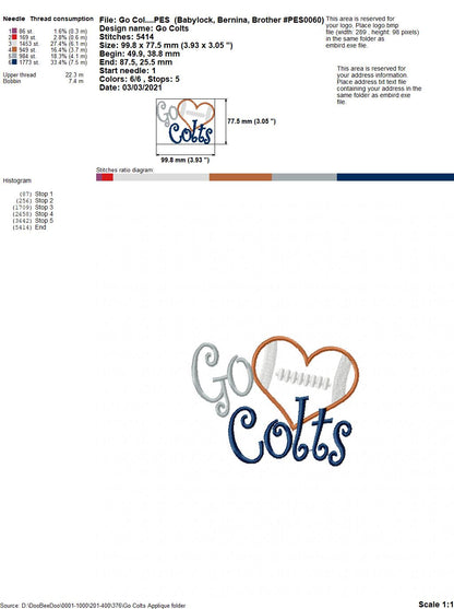 Go Colts - Appliqué – Machine Embroidery Design