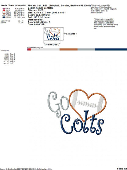 Go Colts - Appliqué – Machine Embroidery Design