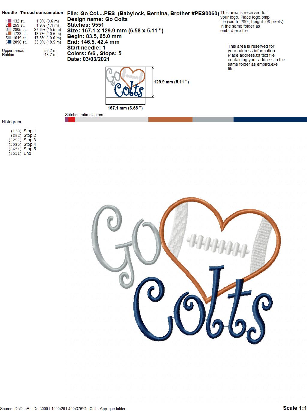 Go Colts - Appliqué – Machine Embroidery Design