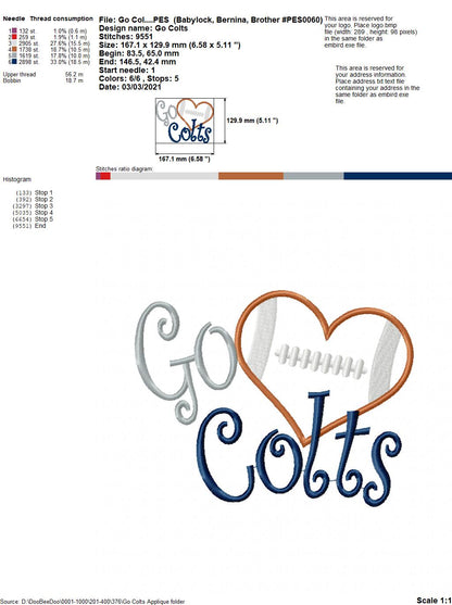 Go Colts - Appliqué – Machine Embroidery Design