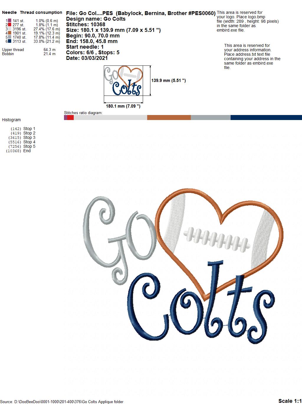 Go Colts - Appliqué – Machine Embroidery Design