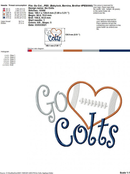 Go Colts - Appliqué – Machine Embroidery Design