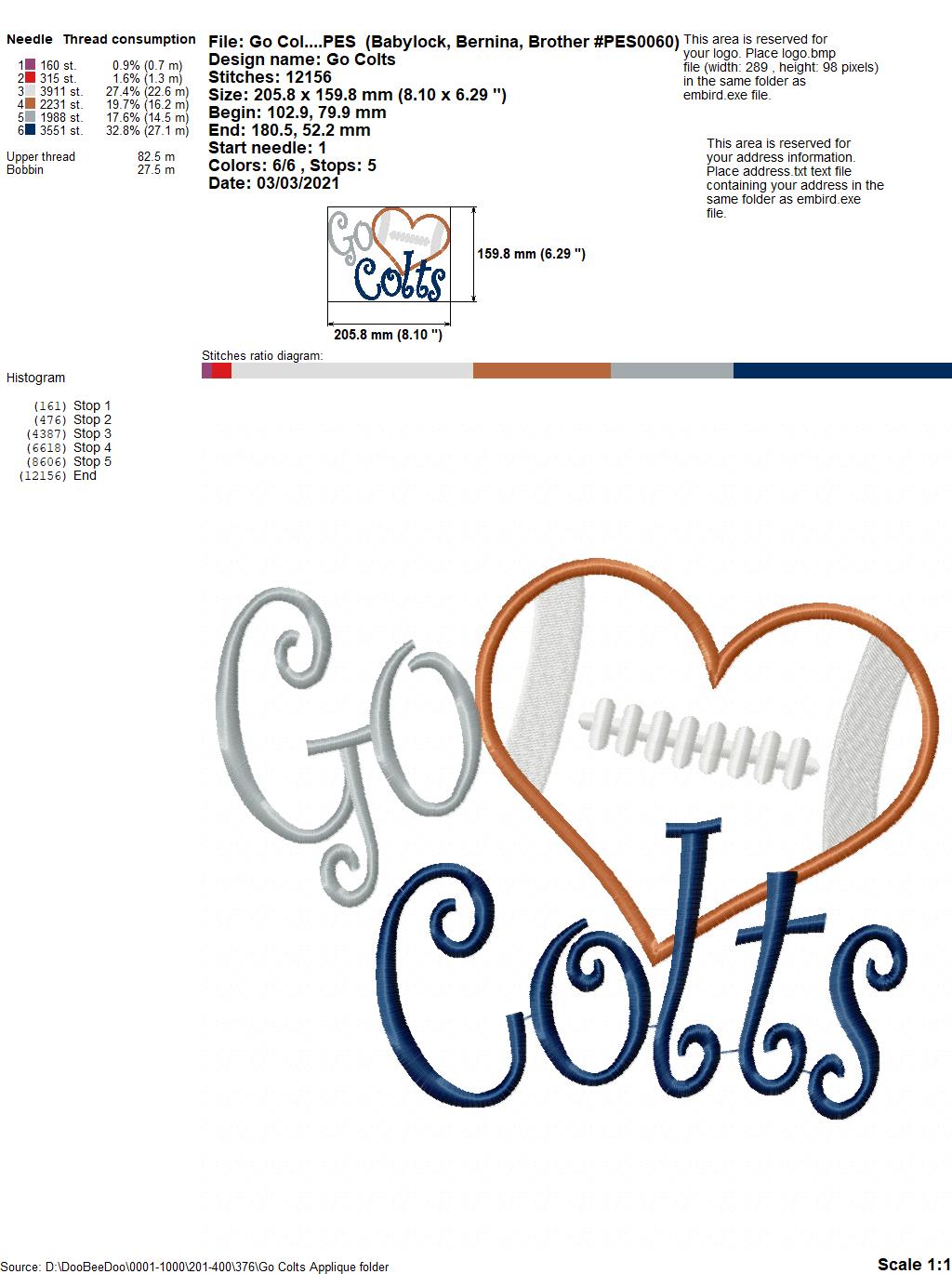Go Colts - Appliqué – Machine Embroidery Design