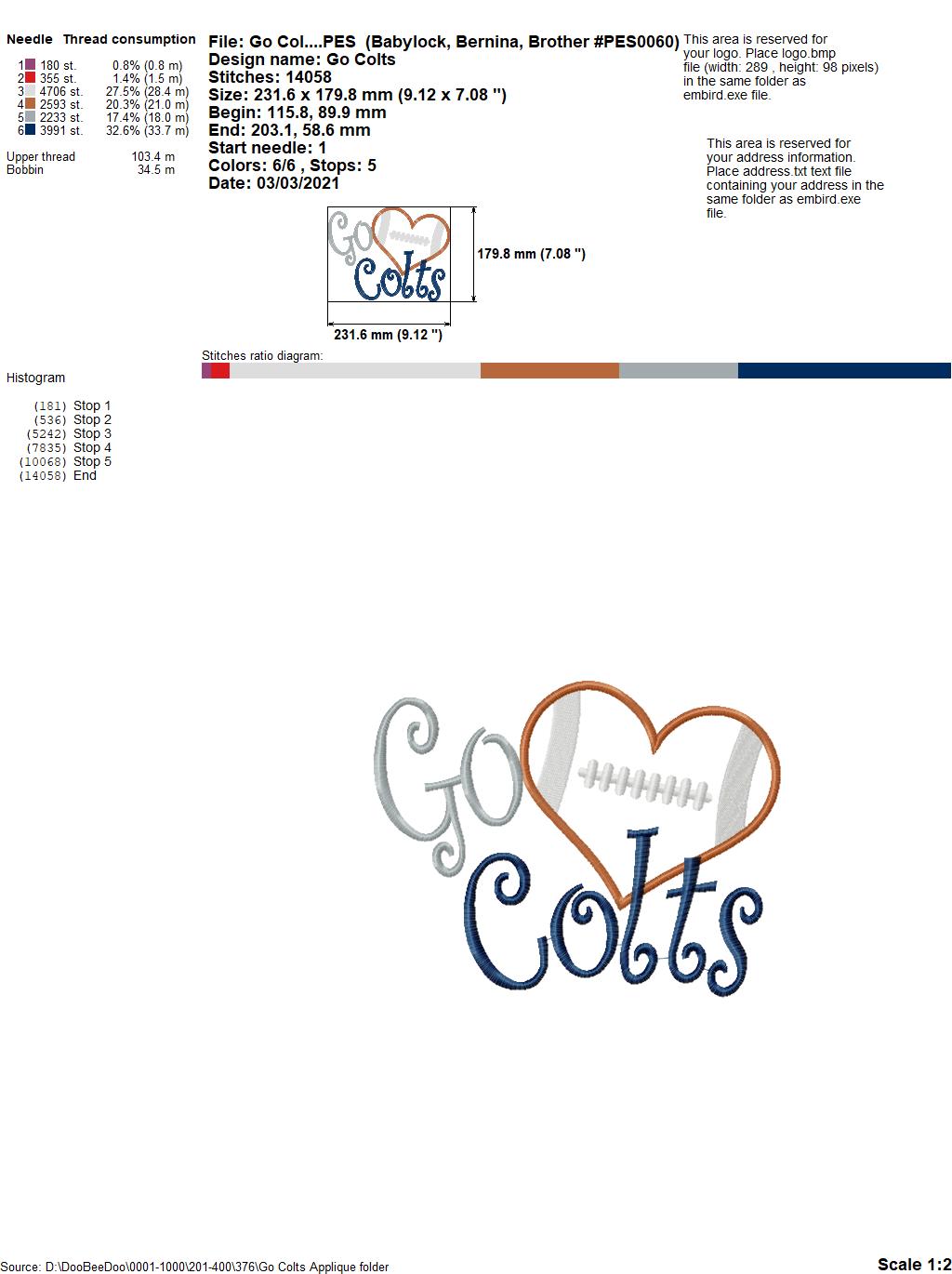 Go Colts - Appliqué – Machine Embroidery Design