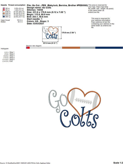 Go Colts - Appliqué – Machine Embroidery Design