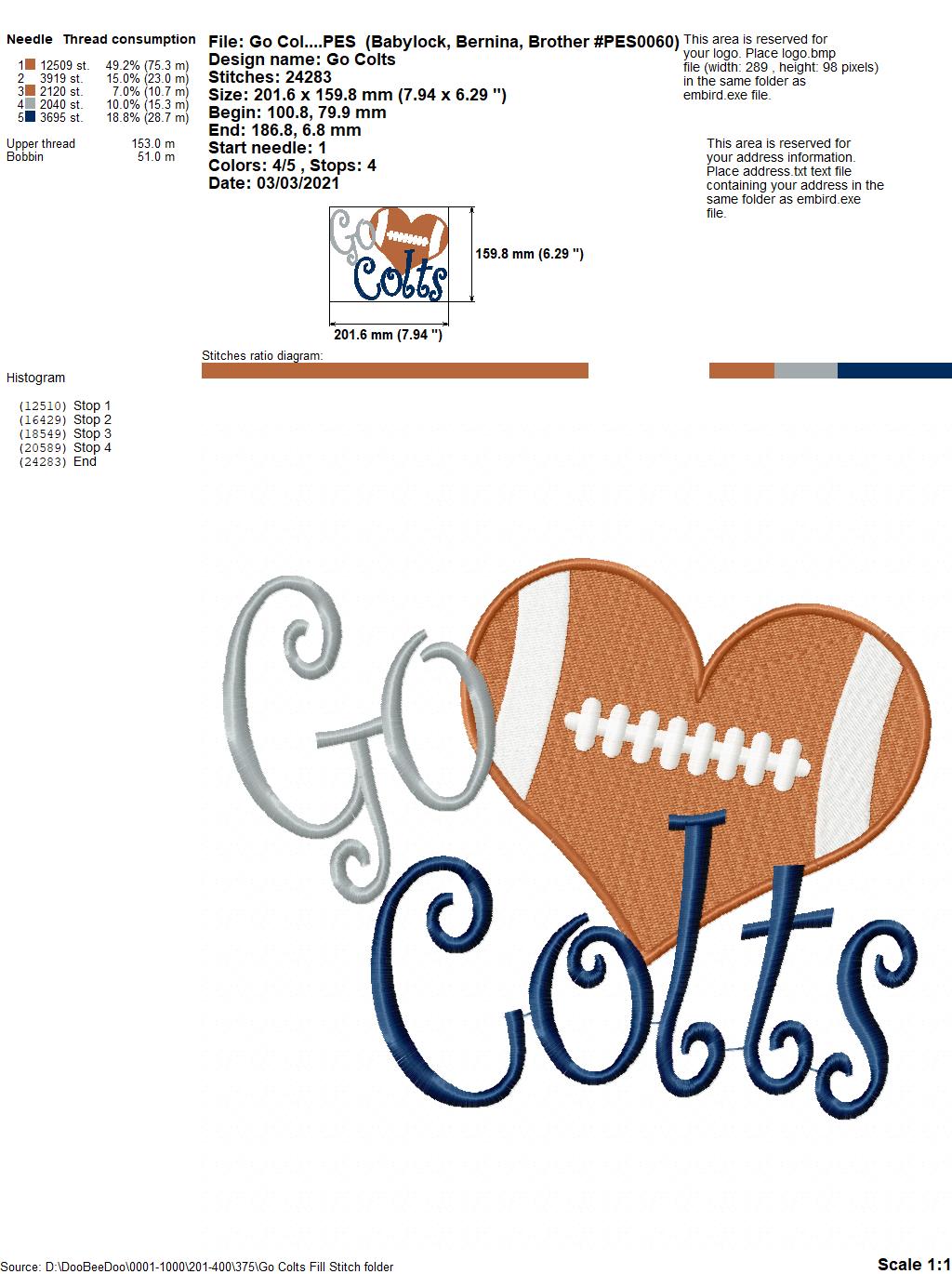 Football Go Colts - Fill Stitch