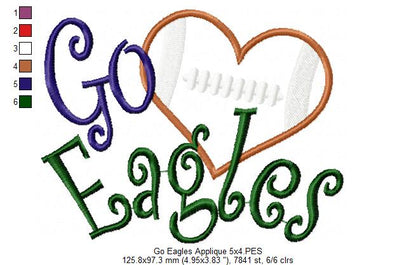 Football Go Eagles - Applique - Machine Embroidery Design