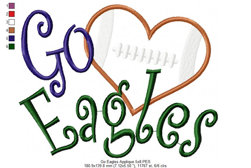 Football Go Eagles - Applique - Machine Embroidery Design
